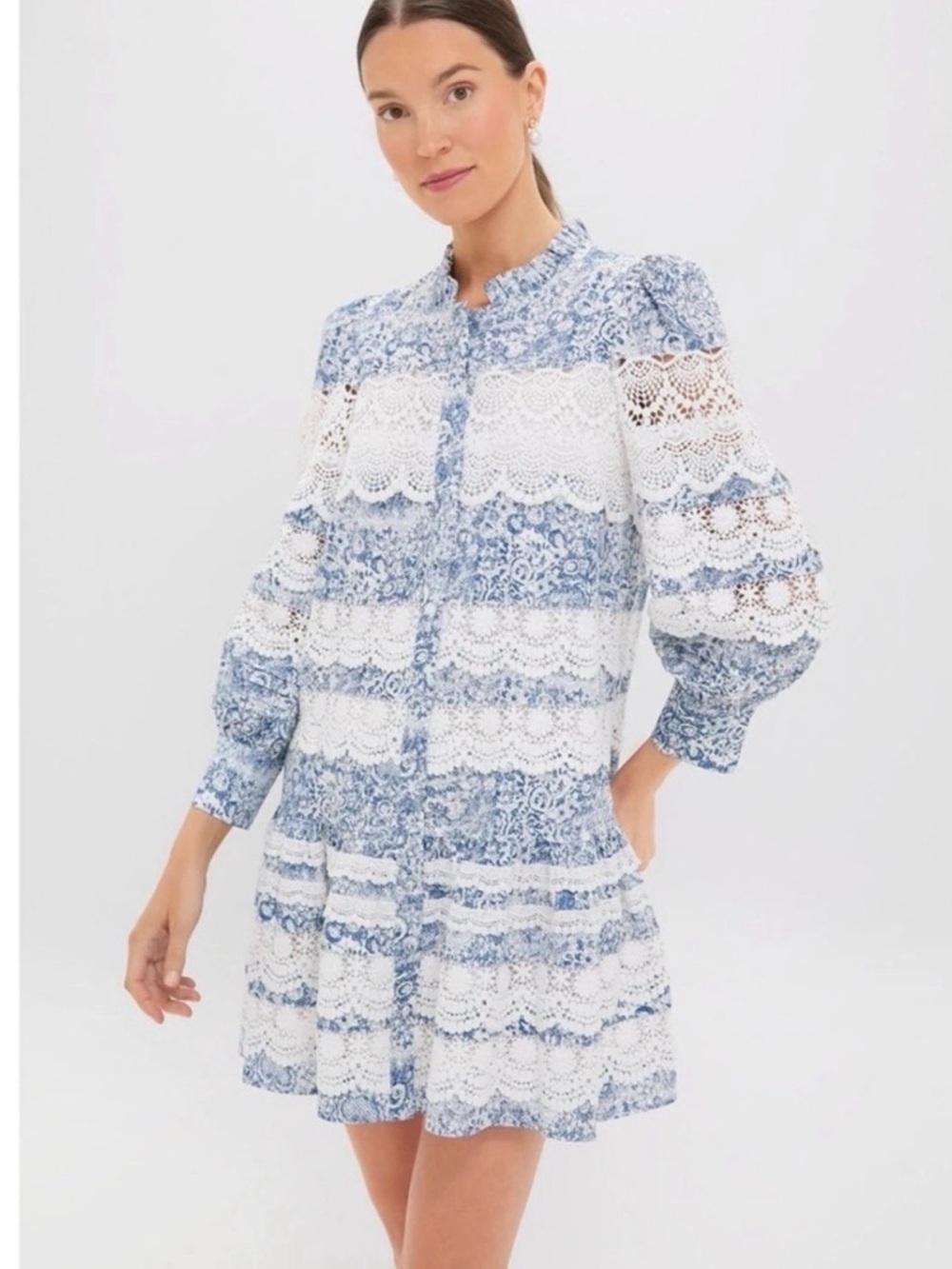 Hyacinth House XL NWT Blue and White Lace-Trim Tiered Dress